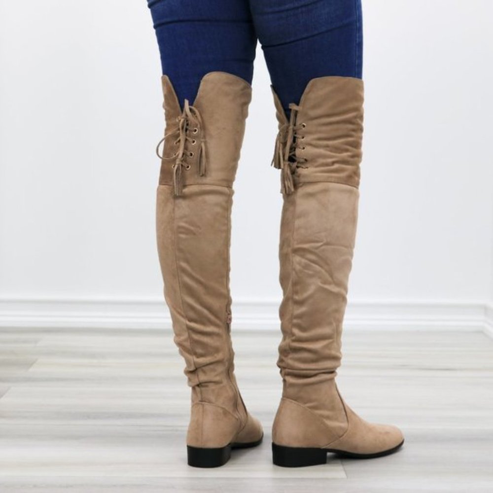 Tan Suede Thigh High Flat Boot With Lace Up Back - Picture 5 of 14